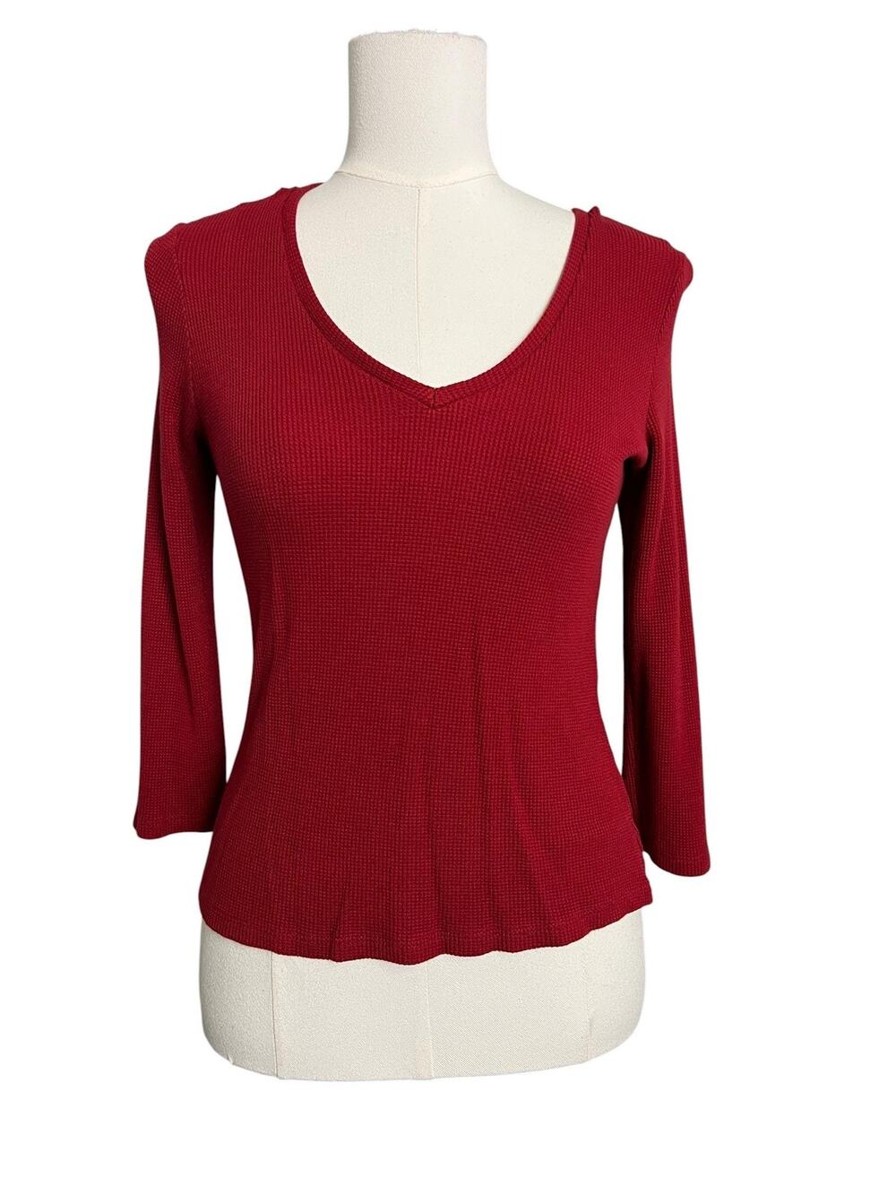 Red V Neck Waffle Knit Top Womens Medium Grunge Basic Comfy Cyrus Casual